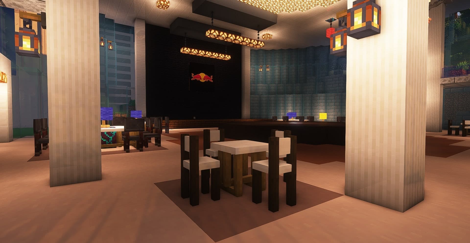 Interior of a Minecraft venue built for the Red Bull Unforeseen VR party